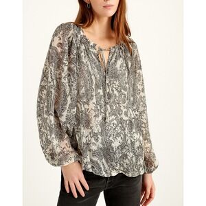 Talbots Black & White Paisley Peasant Blouse‎ Size 2X Boho Flowy Long Sleeve Top